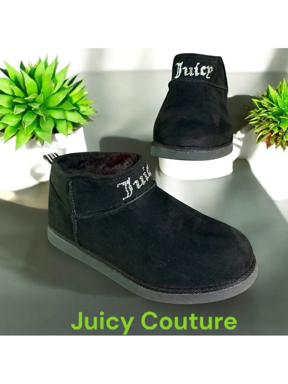 Juicy Couture-size 7.5 Kerri Women's Faux Fur Black Microsuede Ankle Boots. EUC